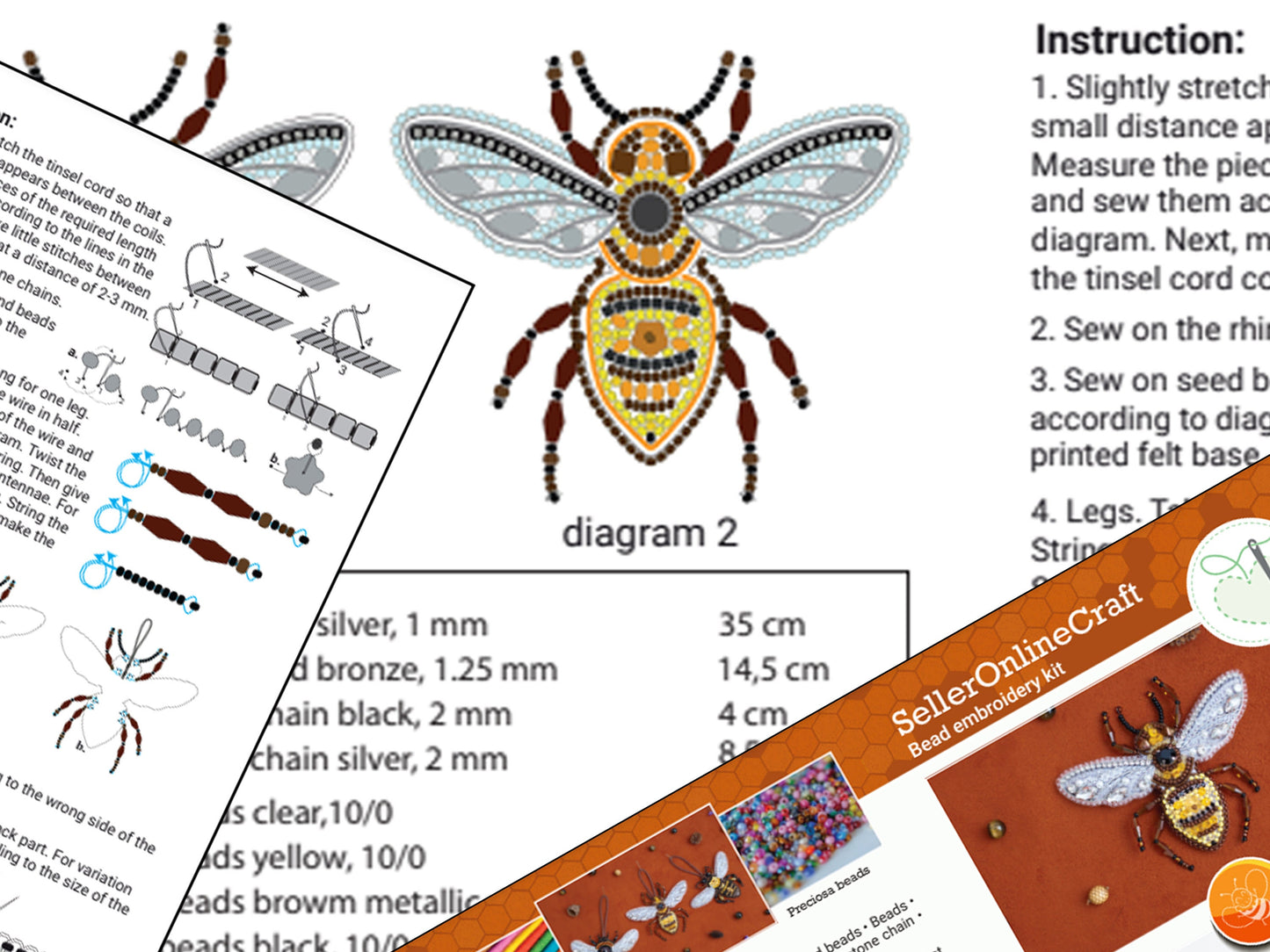 Wasp, Bumblebee, Honey Bee Bead Embroidery kit. Seed Bead Brooch kit. DIY Craft kit. Beadweaving Kit. Needlework beading