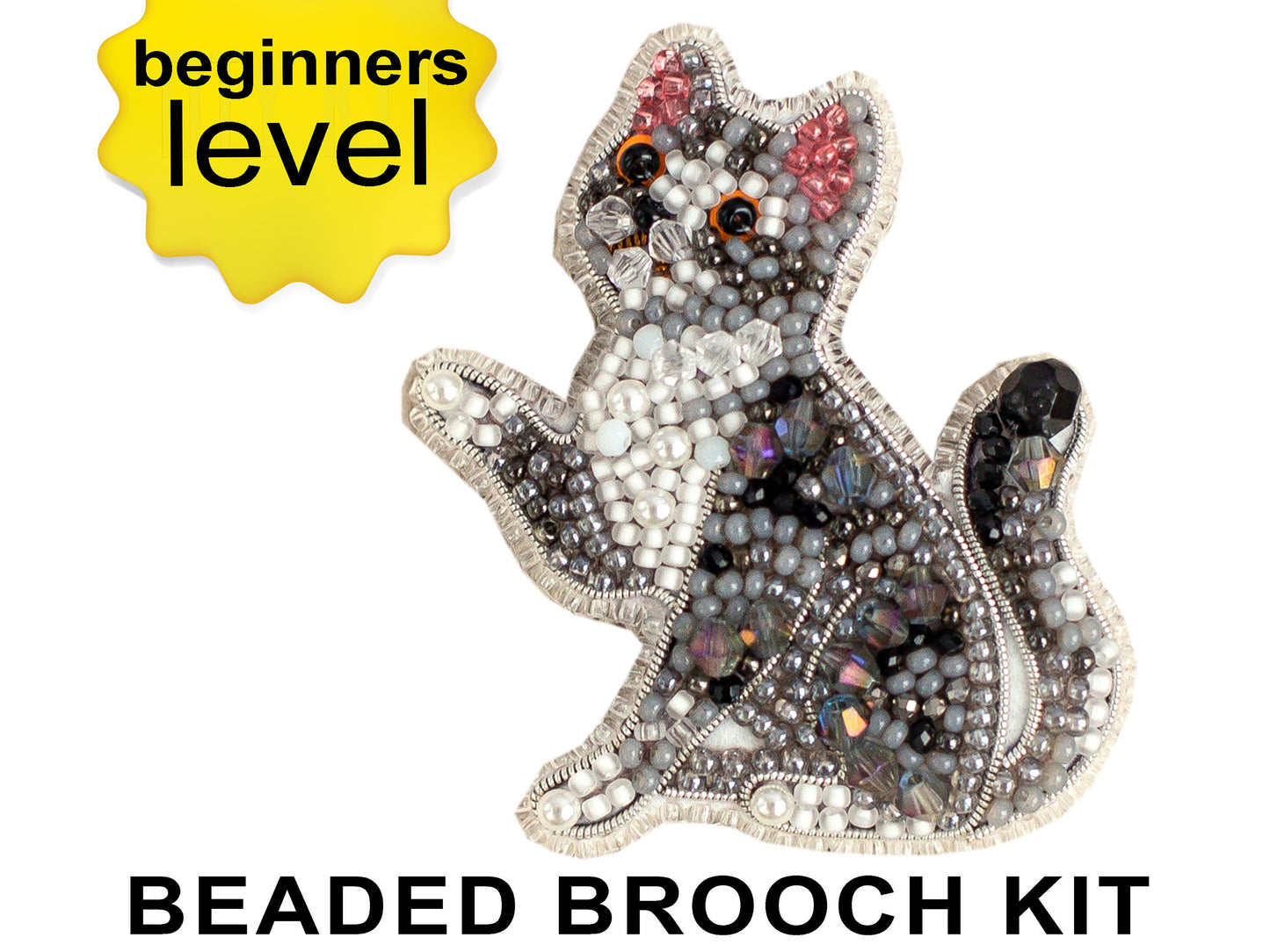 Gray Tabby Cat Bead embroidery kit. Seed Bead Brooch kit. DIY Craft kit. Beadweaving Kit. Needlework beading. Handmade Jewelry Making Kit