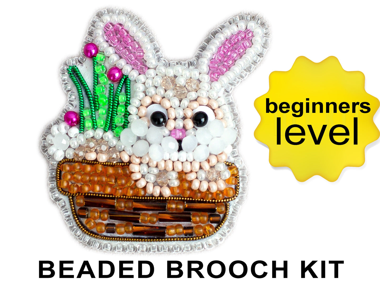 Rabbit in Basket Bead embroidery kit. Seed Bead Brooch kit. DIY Craft kit. Beadweaving Kit. Needlework beading. Handmade Jewelry Making Kit