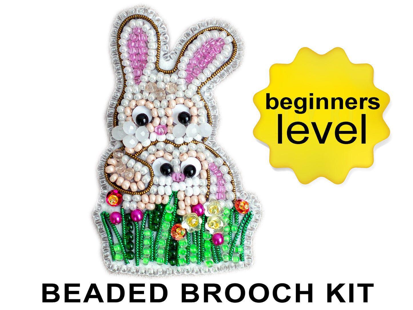 Rabbits in Grass Bead embroidery kit. Seed Bead Brooch kit. DIY Craft kit. Beadweaving Kit. Needlework beading. Handmade Jewelry Making Kit