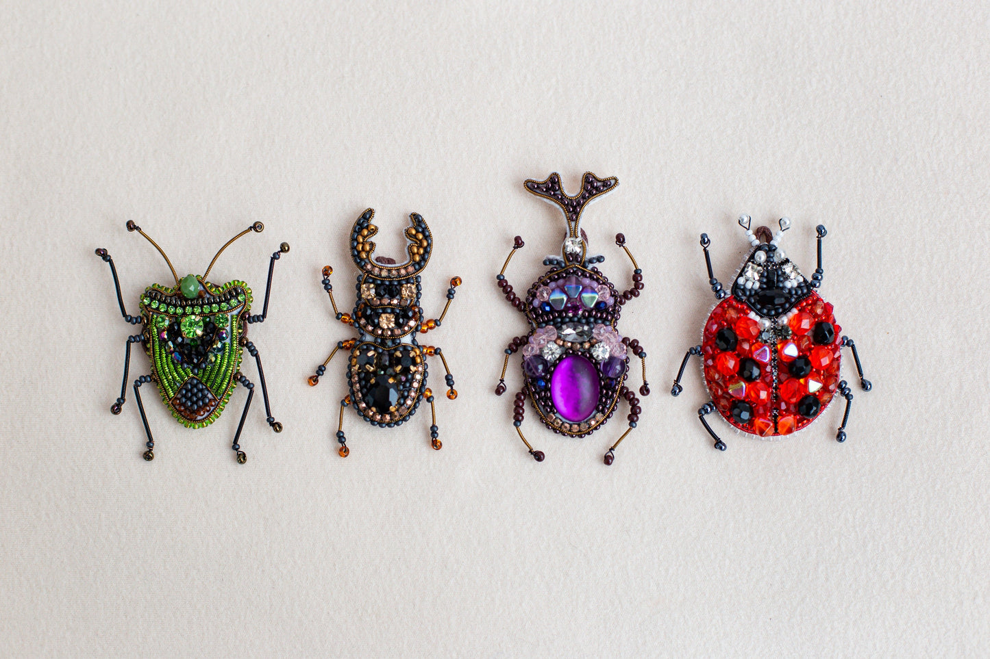 Set of 4 bugs Bead embroidery kits. Seed Bead Brooch kits. DIY Craft kits. Beadweaving Kits. Needlework beading. Handmade Jewelry Making Kit