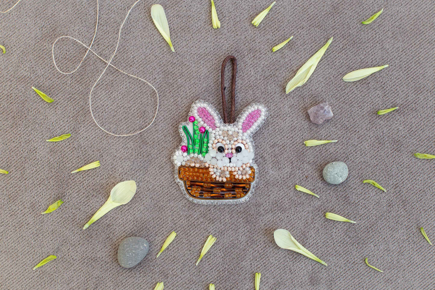Rabbit in Basket Bead embroidery kit. Seed Bead Brooch kit. DIY Craft kit. Beadweaving Kit. Needlework beading. Handmade Jewelry Making Kit