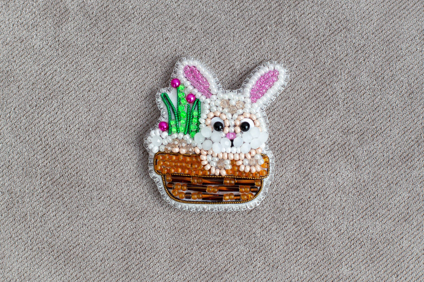 Rabbit in Basket Bead embroidery kit. Seed Bead Brooch kit. DIY Craft kit. Beadweaving Kit. Needlework beading. Handmade Jewelry Making Kit