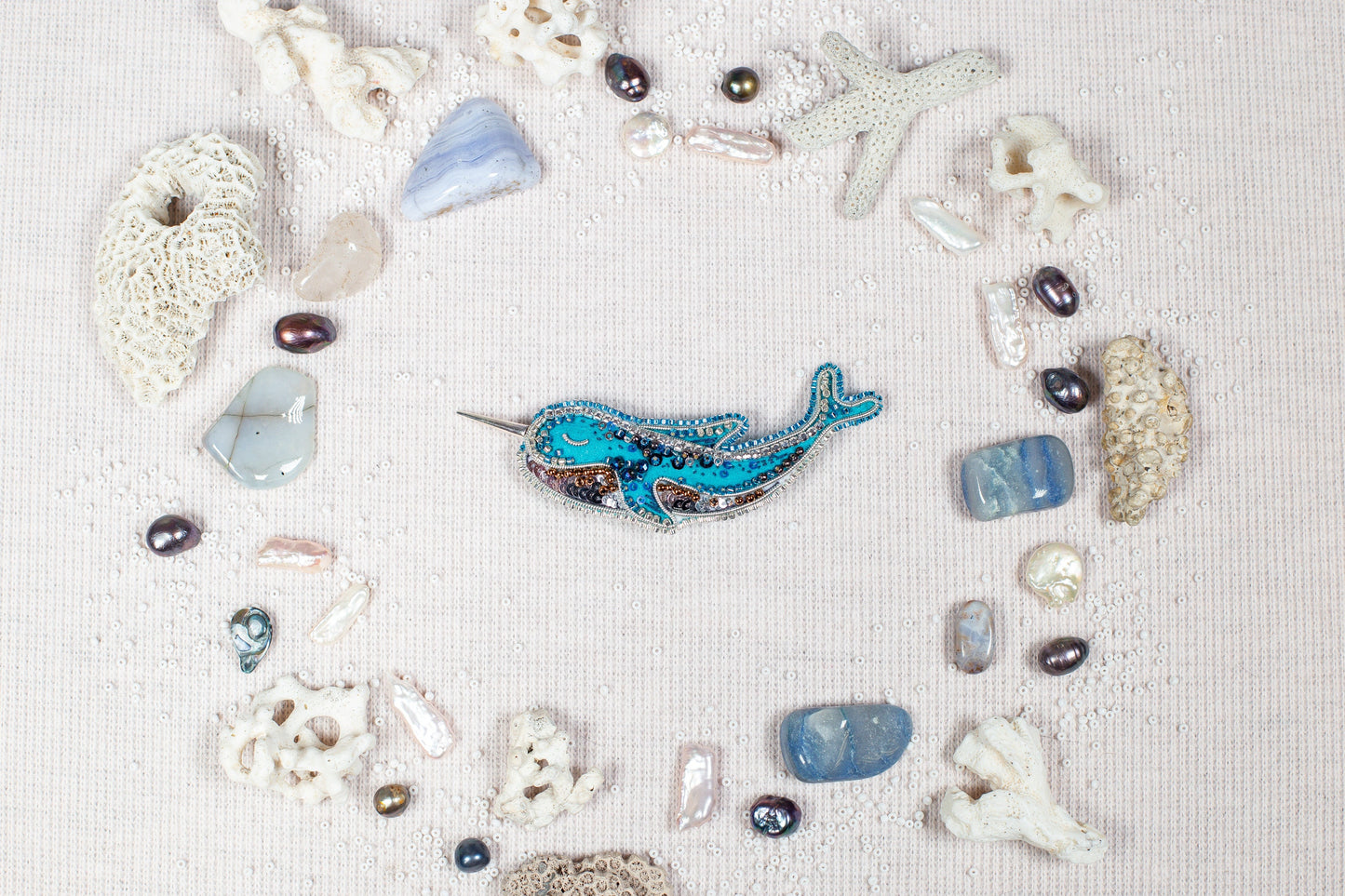 Blue Narwhale Bead embroidery kit. Seed Bead Brooch kit. DIY Craft kit. Beadweaving Kit. Needlework beading. Handmade Jewelry Making Kit