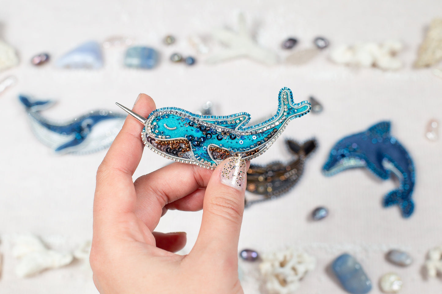 Blue Narwhale Bead embroidery kit. Seed Bead Brooch kit. DIY Craft kit. Beadweaving Kit. Needlework beading. Handmade Jewelry Making Kit