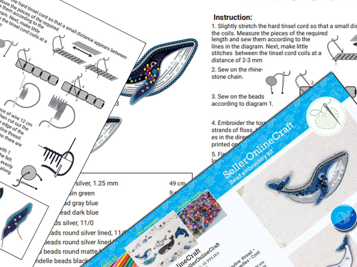 Blue Narwhale Bead embroidery kit. Seed Bead Brooch kit. DIY Craft kit. Beadweaving Kit. Needlework beading. Handmade Jewelry Making Kit