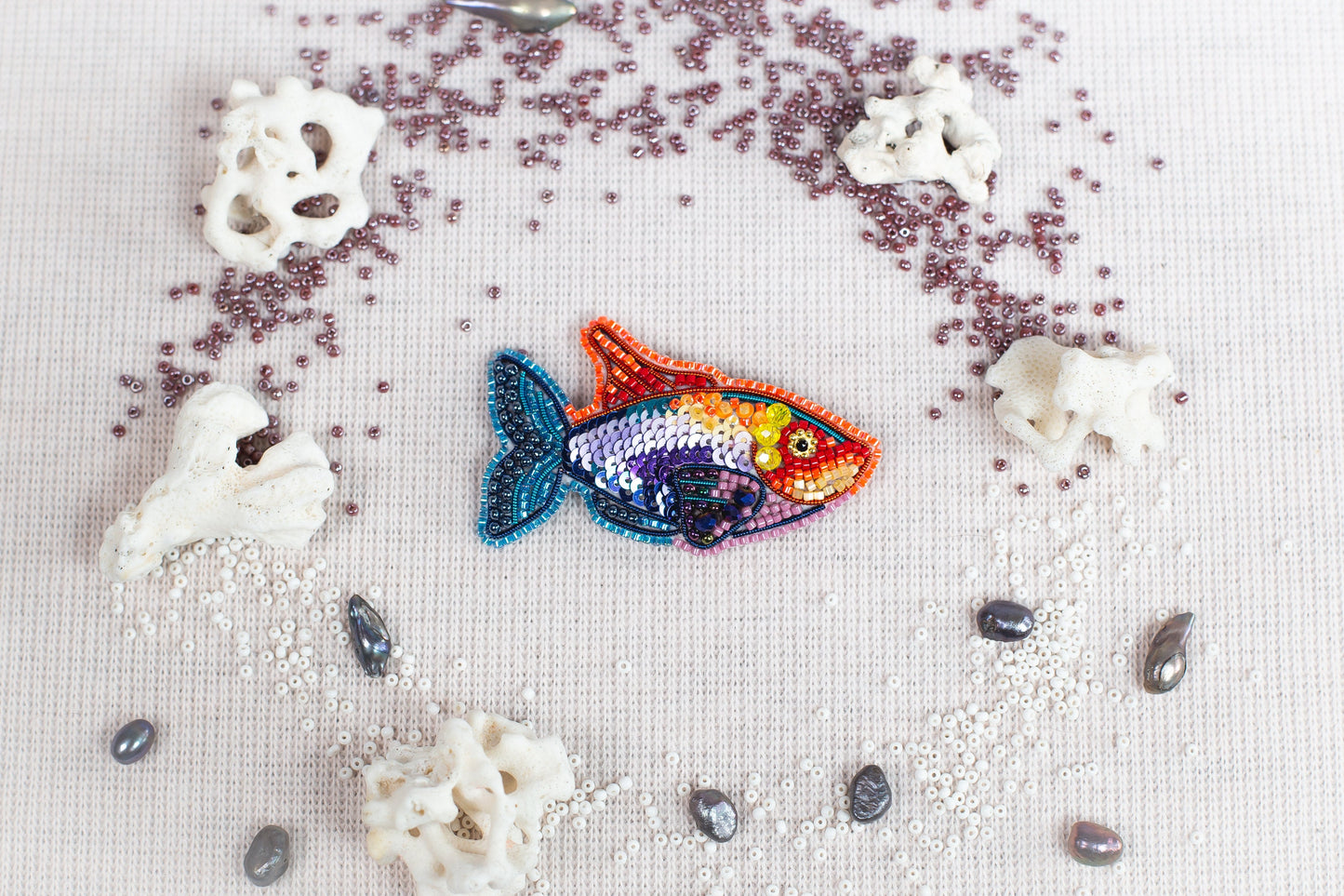 Rainbow Fish Bead embroidery kit. Seed Bead Brooch kit. DIY Craft kit. Beadweaving Kit. Needlework beading. Handmade Jewelry Making Kit