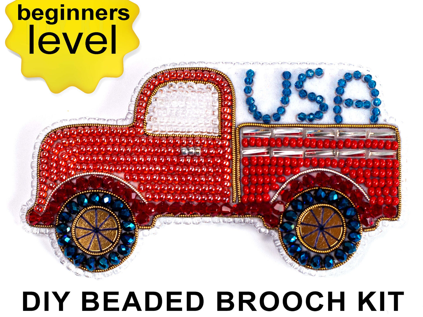 USA Red Truck Bead Embroidery Kit. DIY bead brooch. Seed Bead Brooch kit. DIY Craft kit. Beadweaving Kit. Needlework beading