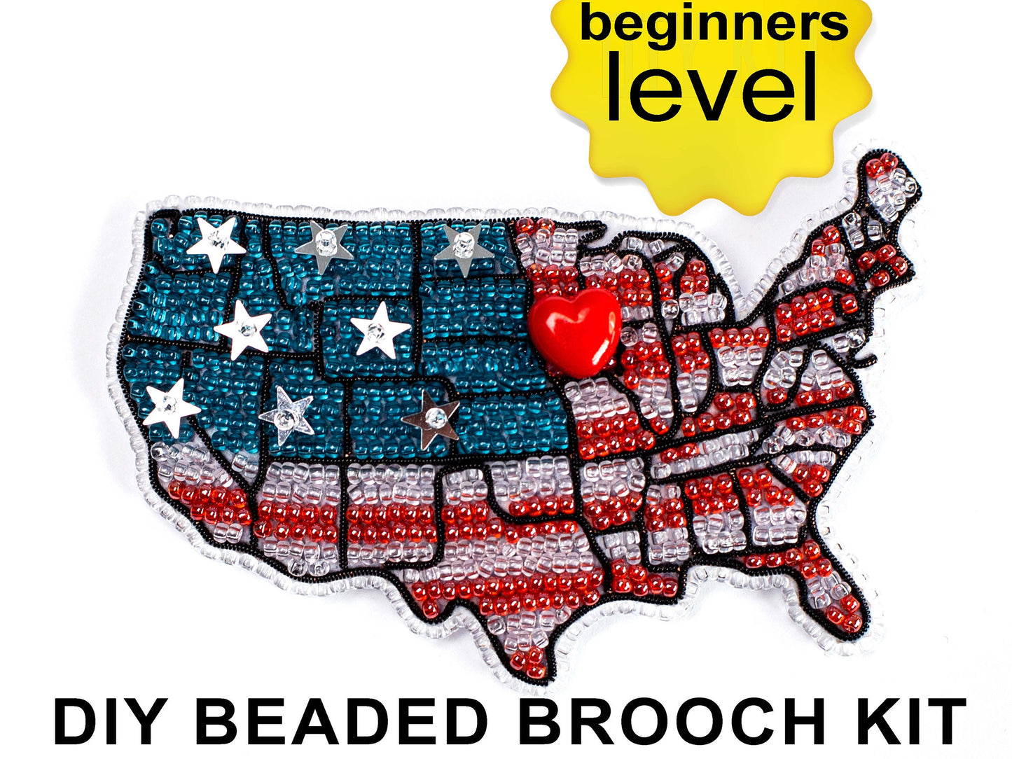USA Map Bead embroidery kit. Seed Bead Brooch kit. DIY Craft kit. Beadweaving Kit. Needlework beading. Handmade Jewelry Making Kit
