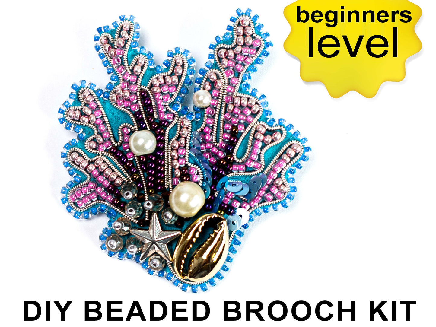 Coral Reef Bead embroidery kit. DIY craft kit Beaded Ocean. Real Seashell Beadweaving Kit. Bead Brooch kit. Needlework beading