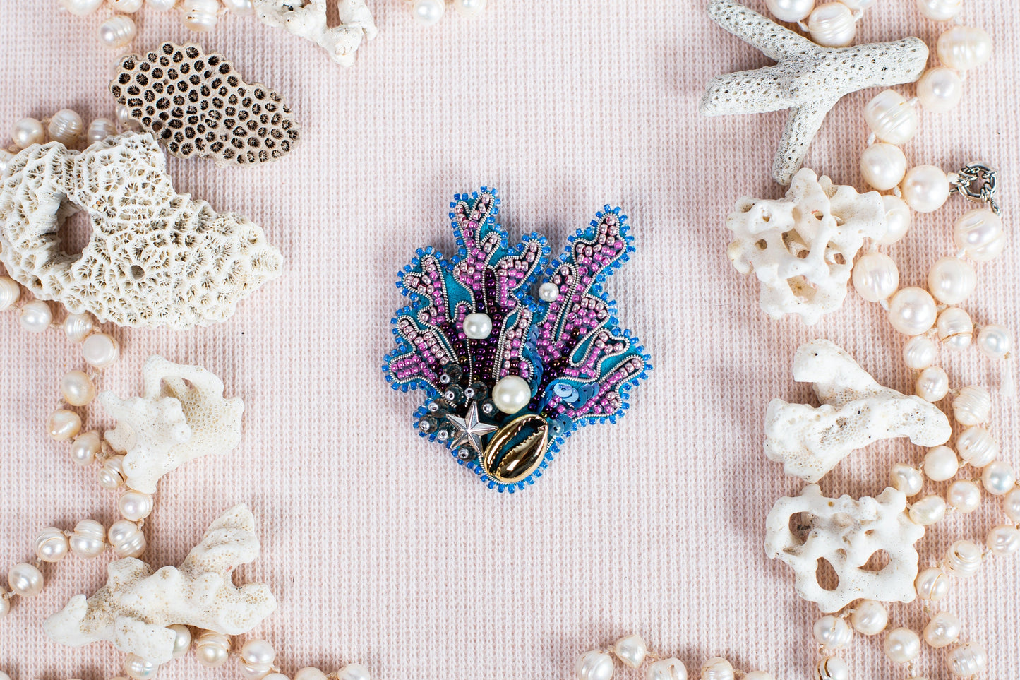 Coral Reef Bead embroidery kit. DIY craft kit Beaded Ocean. Real Seashell Beadweaving Kit. Bead Brooch kit. Needlework beading