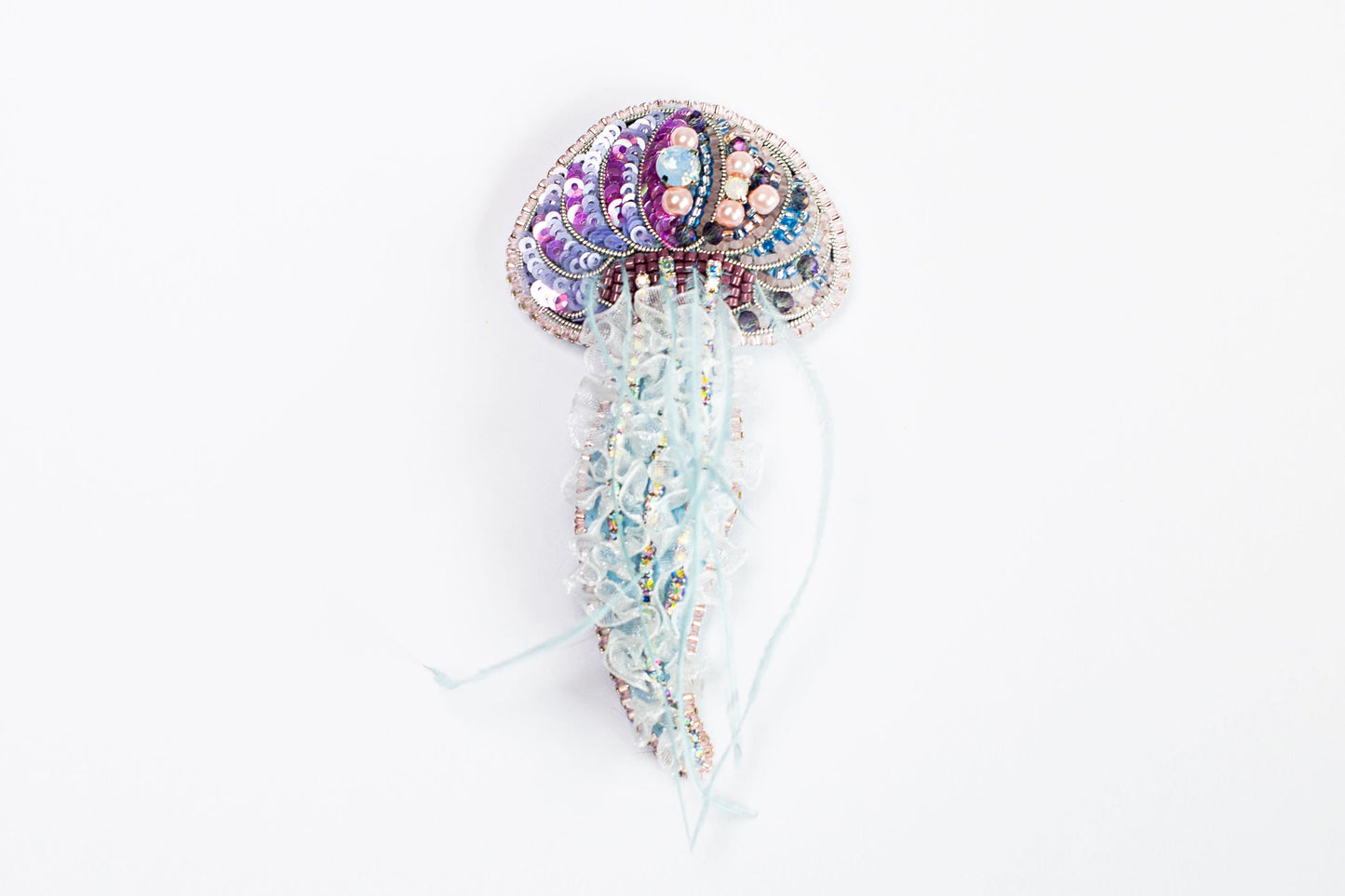 Jellyfish Bead embroidery kit. DIY craft kit Jellyfish. Jellyfish Brooch with Feather Tentacles. Bead Brooch kit. Needlework beading