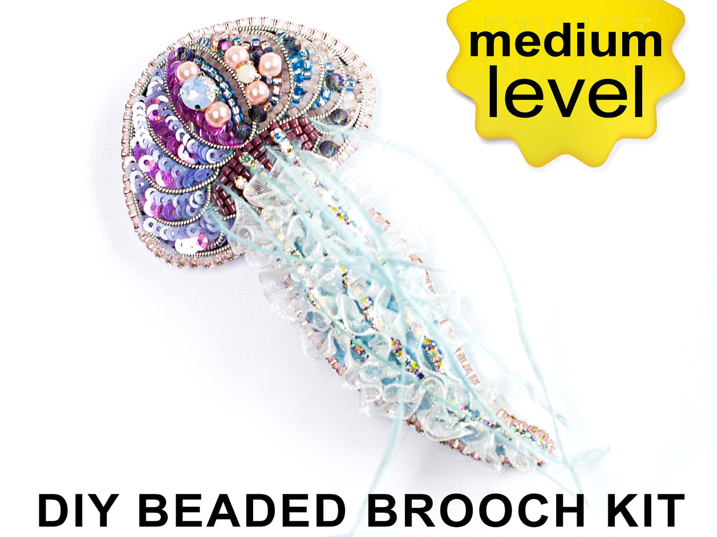 Jellyfish Bead embroidery kit. DIY craft kit Jellyfish. Jellyfish Brooch with Feather Tentacles. Bead Brooch kit. Needlework beading