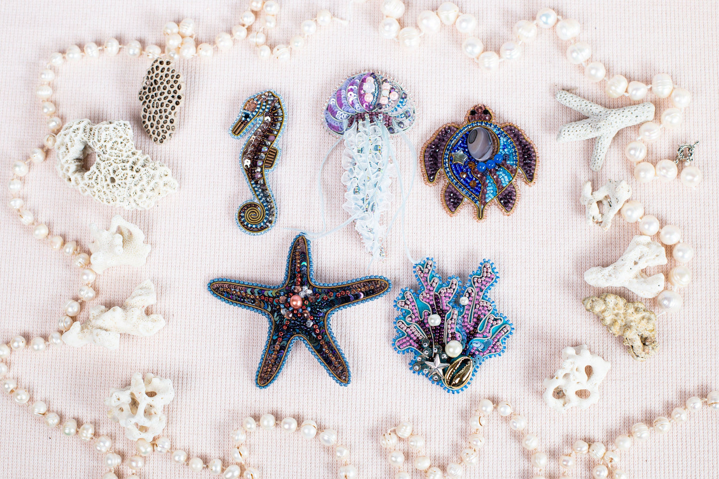 Coral Reef Bead embroidery kit. DIY craft kit Beaded Ocean. Real Seashell Beadweaving Kit. Bead Brooch kit. Needlework beading