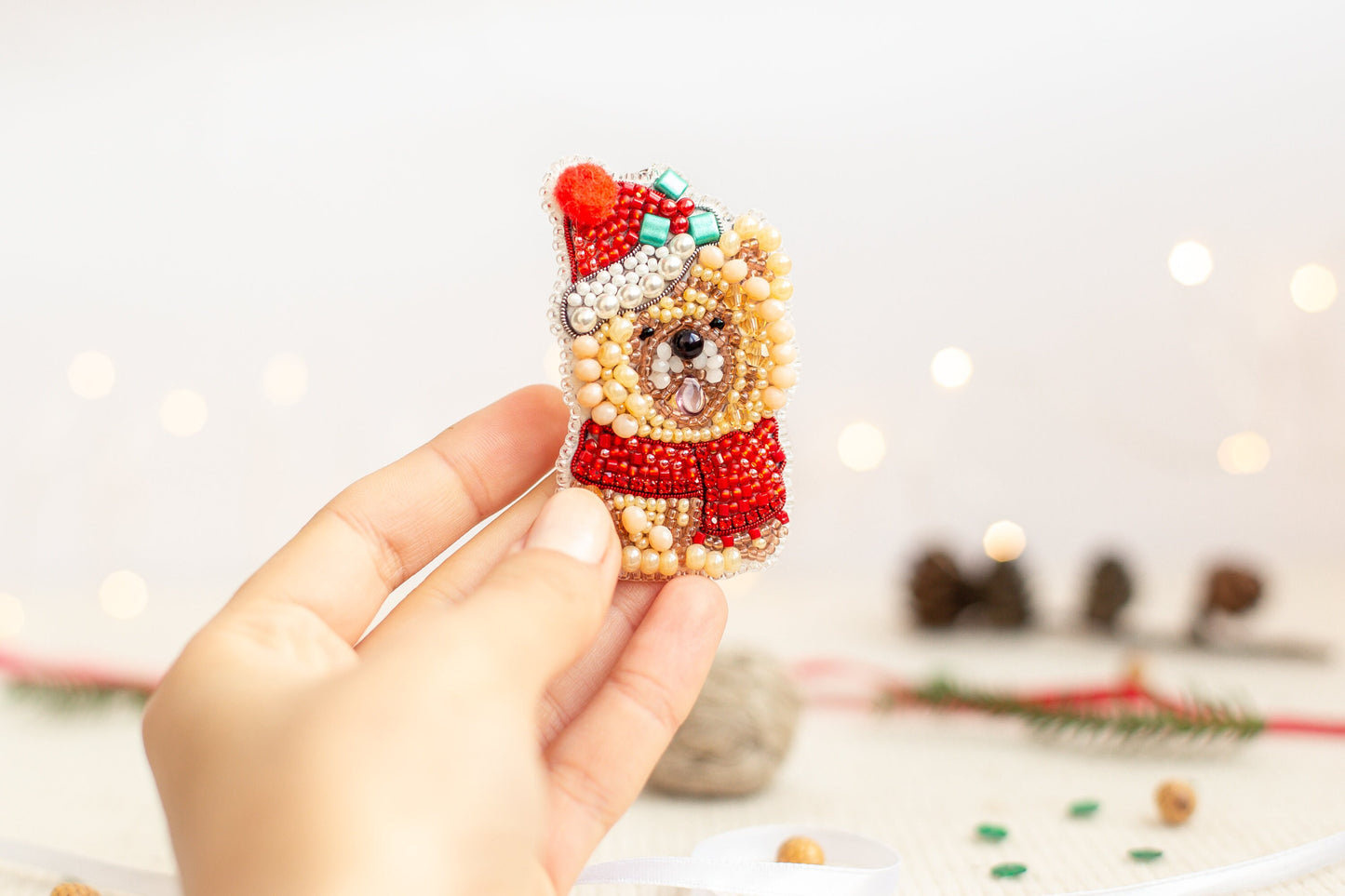 Christmas Dog Bead embroidery kit. Seed Bead Brooch kit. DIY Craft kit. Beadweaving Kit. Needlework beading. Handmade Jewelry Making Kit