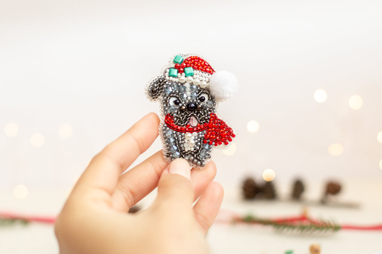 Christmas Bulldog Bead embroidery kit. Seed Bead Brooch kit. DIY Craft kit. Beadweaving Kit. Needlework beading. Handmade Jewelry Making Kit