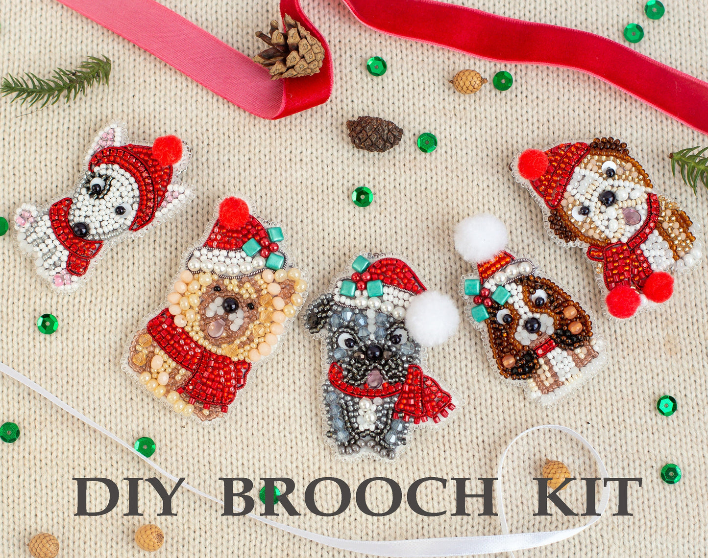 Christmas Bulldog Bead embroidery kit. Seed Bead Brooch kit. DIY Craft kit. Beadweaving Kit. Needlework beading. Handmade Jewelry Making Kit