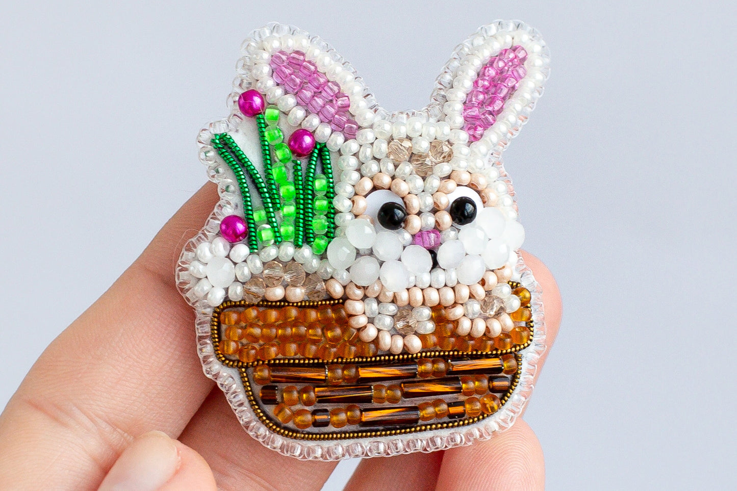 Rabbit in Basket Bead embroidery kit. Seed Bead Brooch kit. DIY Craft kit. Beadweaving Kit. Needlework beading. Handmade Jewelry Making Kit
