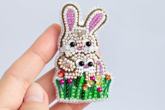 Rabbits in Grass Bead embroidery kit. Seed Bead Brooch kit. DIY Craft kit. Beadweaving Kit. Needlework beading. Handmade Jewelry Making Kit
