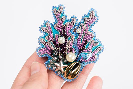 Coral Reef Bead embroidery kit. DIY craft kit Beaded Ocean. Real Seashell Beadweaving Kit. Bead Brooch kit. Needlework beading