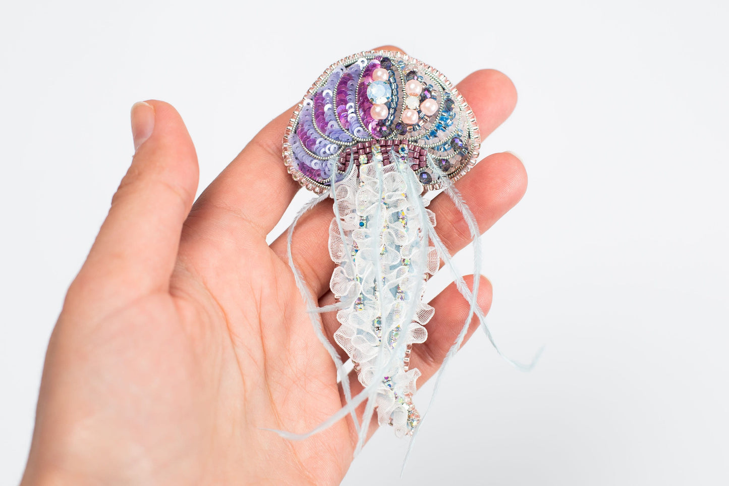 Jellyfish Bead embroidery kit. DIY craft kit Jellyfish. Jellyfish Brooch with Feather Tentacles. Bead Brooch kit. Needlework beading
