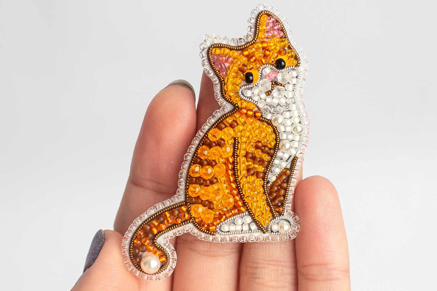 Ginger Cat Bead embroidery kit. Seed Bead Brooch kit. DIY Craft kit. Beadweaving Kit Needlework beading. Handmade Jewelry Making Kit