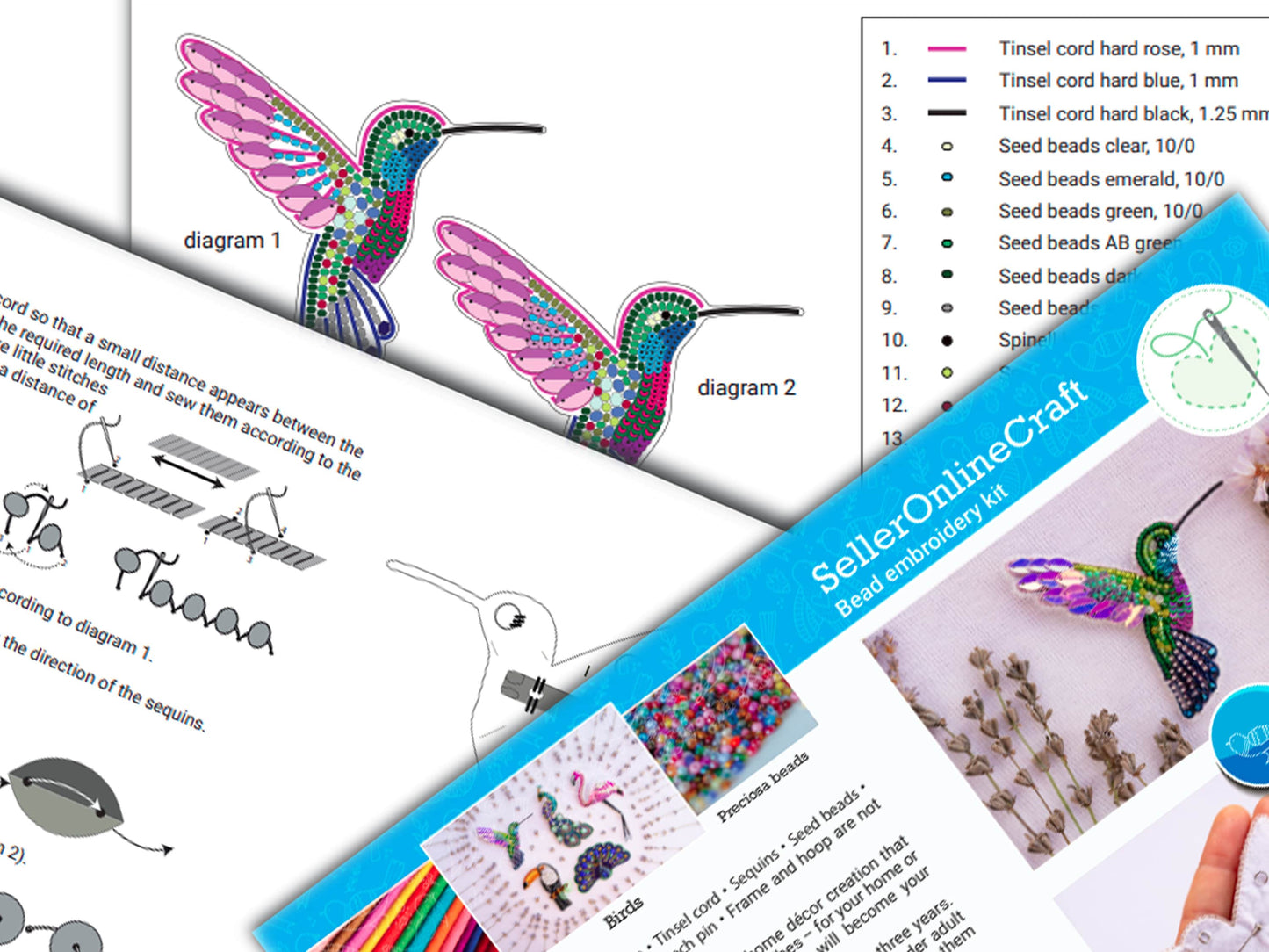 Hummingbird Bead embroidery kit. Seed Bead Brooch kit. DIY Craft kit. Bird beading kit. Needlework beading. Handmade Jewelry Making Kit