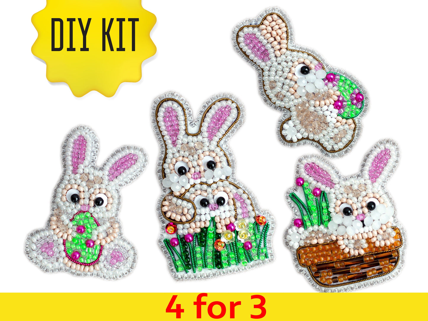 Set of 4 Easter Bunny DIY Beaded Brooches Kits, Craft kits, Beaded Easter Bunny Brooches, Jewelry Making Kits for Adults