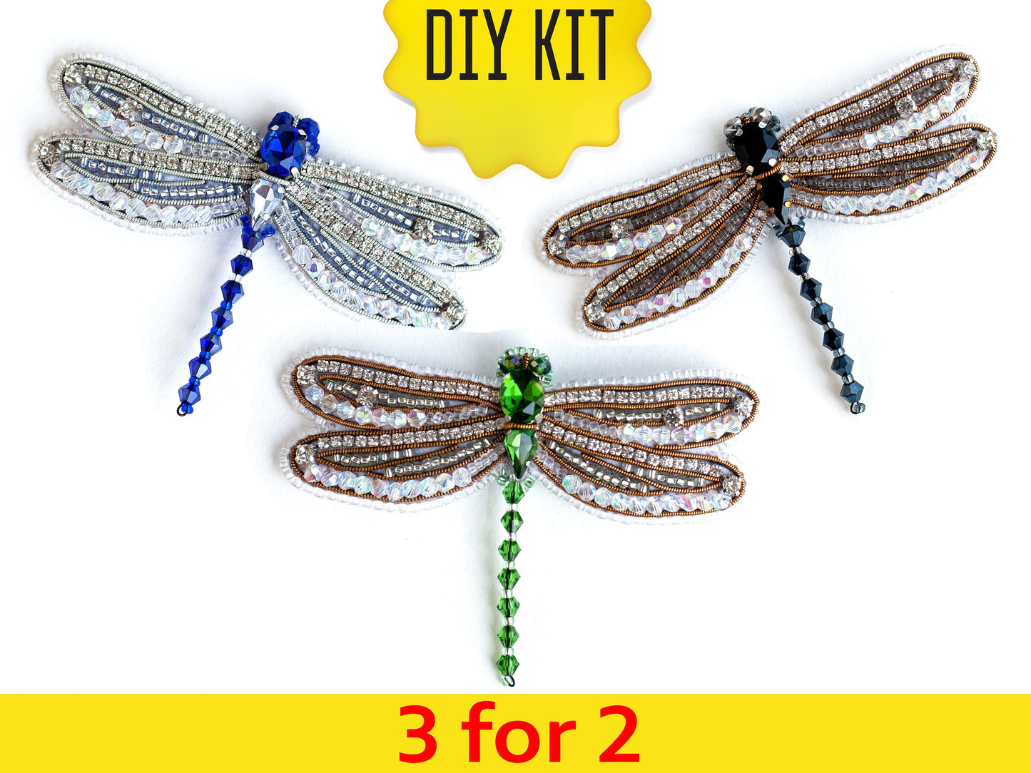 Set of 3 DIY Beaded Brooches Kits, Craft kits, Beaded Dragonflies Brooches, Jewelry Making Kits for Adults, Bead embroidery kits