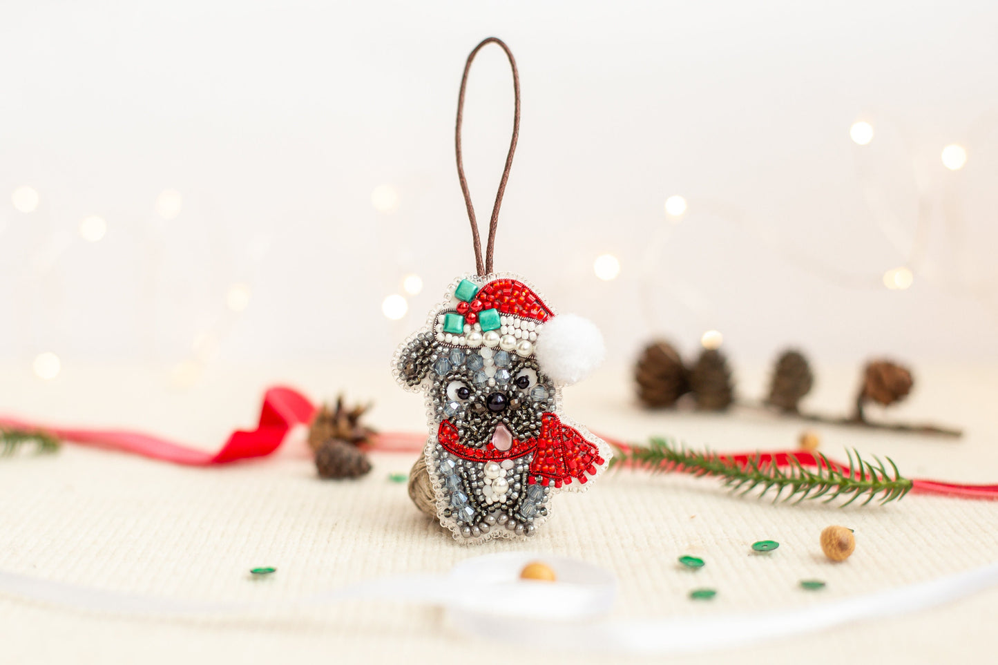 Christmas Bulldog Bead embroidery kit. Seed Bead Brooch kit. DIY Craft kit. Beadweaving Kit. Needlework beading. Handmade Jewelry Making Kit