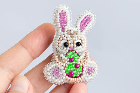 Easter Bunny with Egg Bead embroidery kit. Seed Bead Brooch kit. DIY Craft kit. Beading kit. Needlework beading. Handmade Jewelry Making Kit