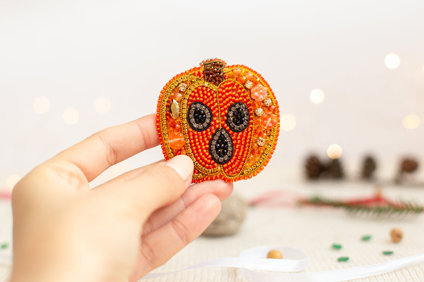 Halloween Pumpkin Bead embroidery kit. Seed Bead Brooch kit. DIY Craft kit. Beadweaving Kit. Needlework beading. Handmade Jewelry Making Kit