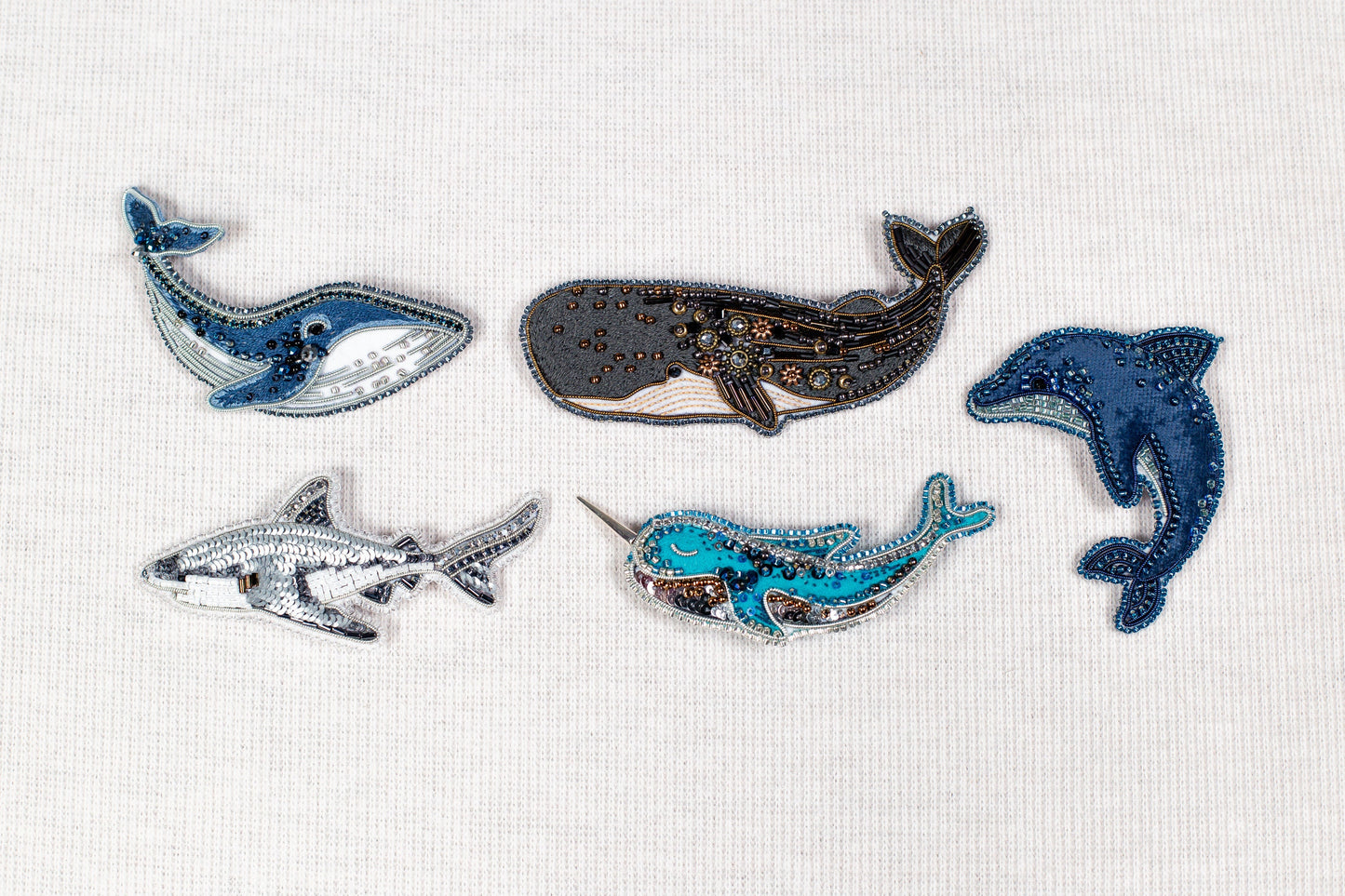 Set of 5 - Whale, Dolphin, Cachalot, Narwhale, Shark - Bead embroidery kits. Seed Bead Brooch kits. DIY Craft kits. Beadweaving Kits
