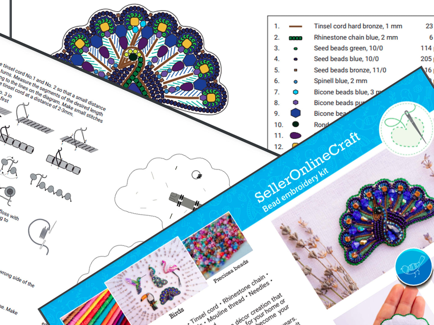 Peacock Bead embroidery kit. Seed Bead Brooch kit. DIY Craft kit. Bird beading kit. Needlework beading. Handmade Jewelry Making Kit