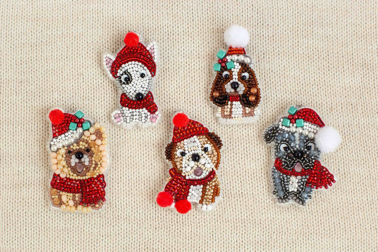 Set of 5 Christmas Dogs DIY Beaded Brooches Kits, Craft kits, Beaded Dog Brooches, Jewelry Making Kits for Adults, Needlework beading