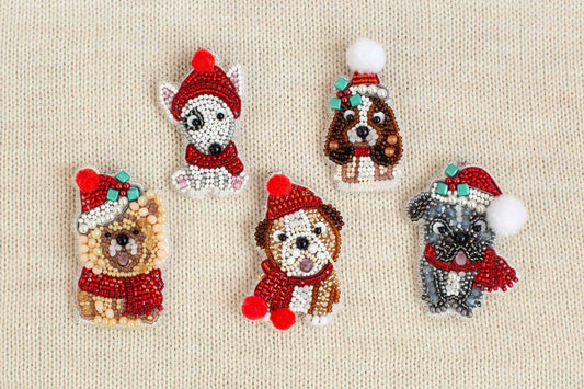 Set of 5 Christmas Dogs DIY Beaded Brooches Kits, Craft kits, Beaded Dog Brooches, Jewelry Making Kits for Adults, Needlework beading