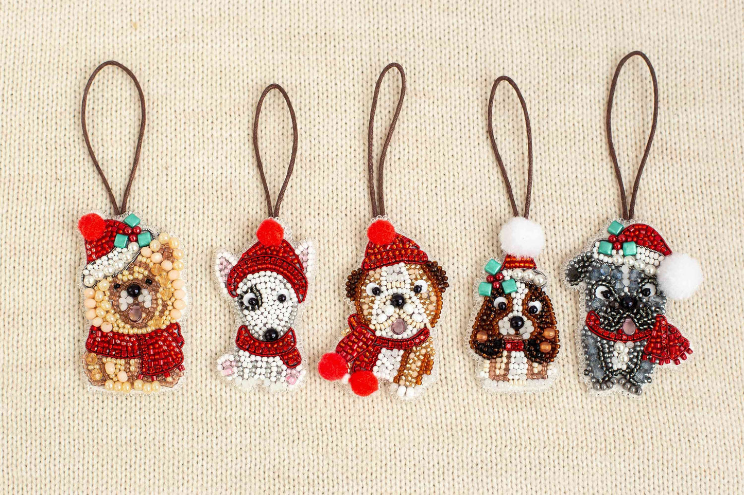 Set of 5 Christmas Dogs DIY Beaded Brooches Kits, Craft kits, Beaded Dog Brooches, Jewelry Making Kits for Adults, Needlework beading