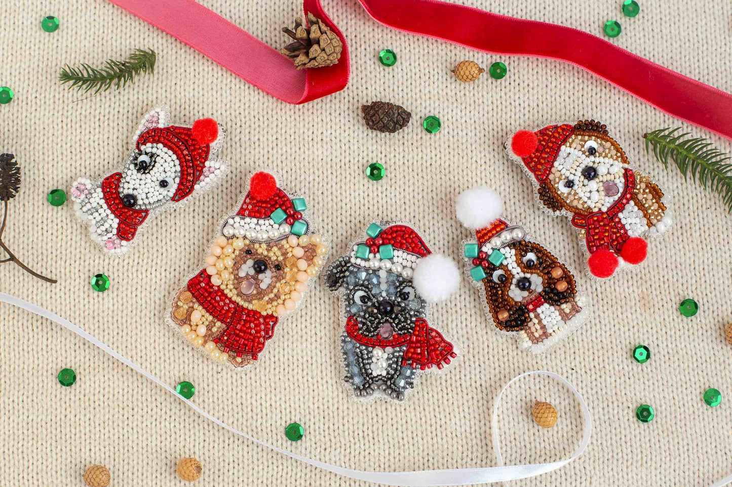 Set of 5 Christmas Dogs DIY Beaded Brooches Kits, Craft kits, Beaded Dog Brooches, Jewelry Making Kits for Adults, Needlework beading