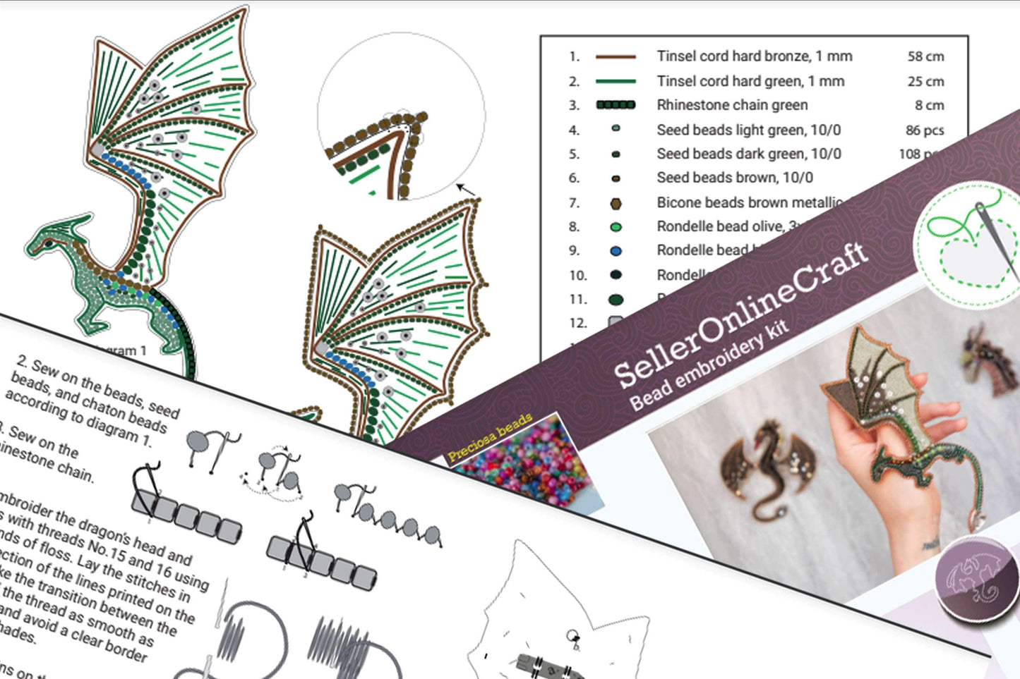 Dragon Bead embroidery kit. Seed Bead Brooch kit. DIY Craft kit. Beading kit. Needlework beading. Handmade Jewelry Making Kit