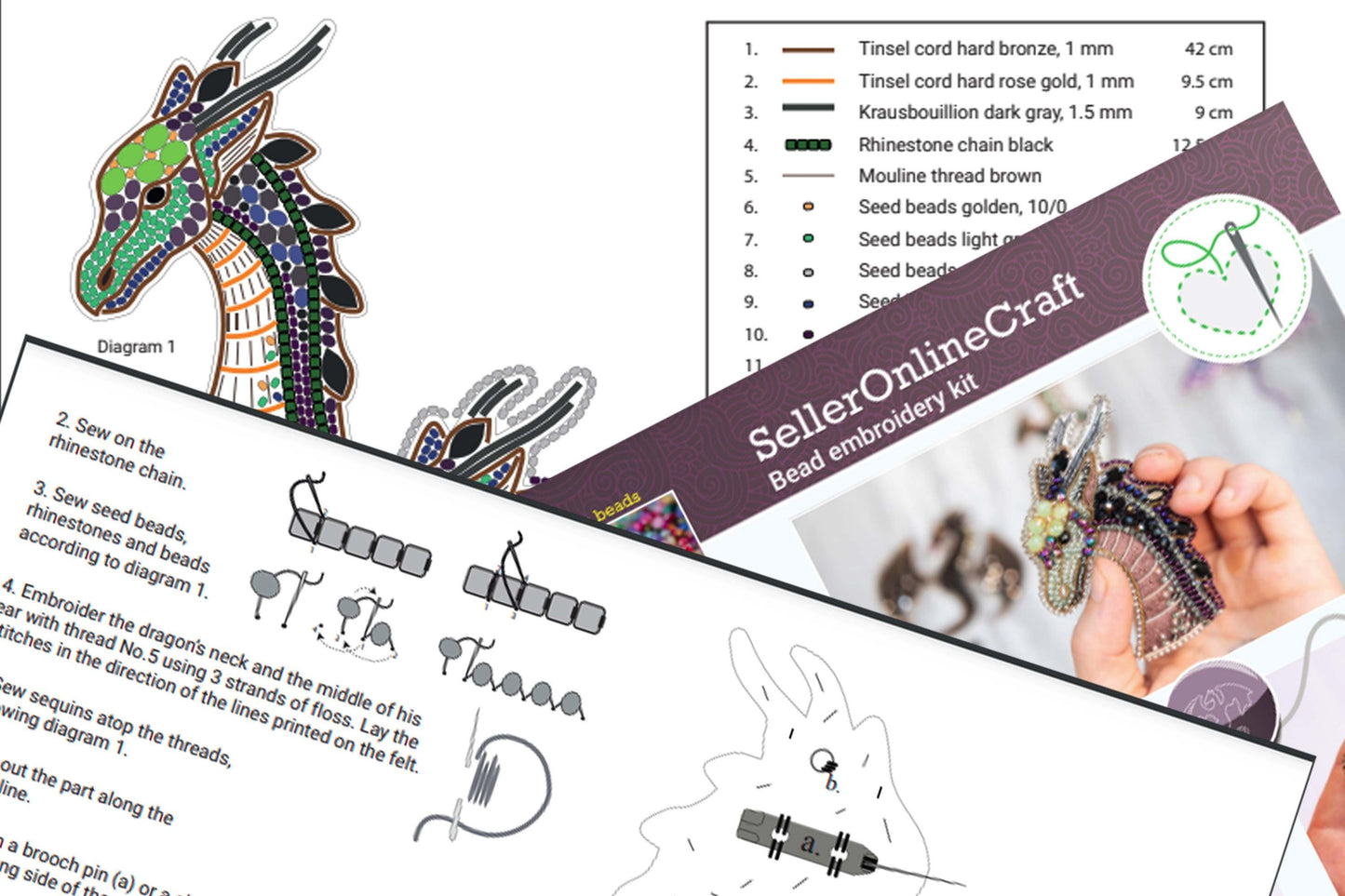 Dragon Bead embroidery kit. Seed Bead Brooch kit. DIY Craft kit. Beading kit. Needlework beading. Handmade Jewelry Making Kit