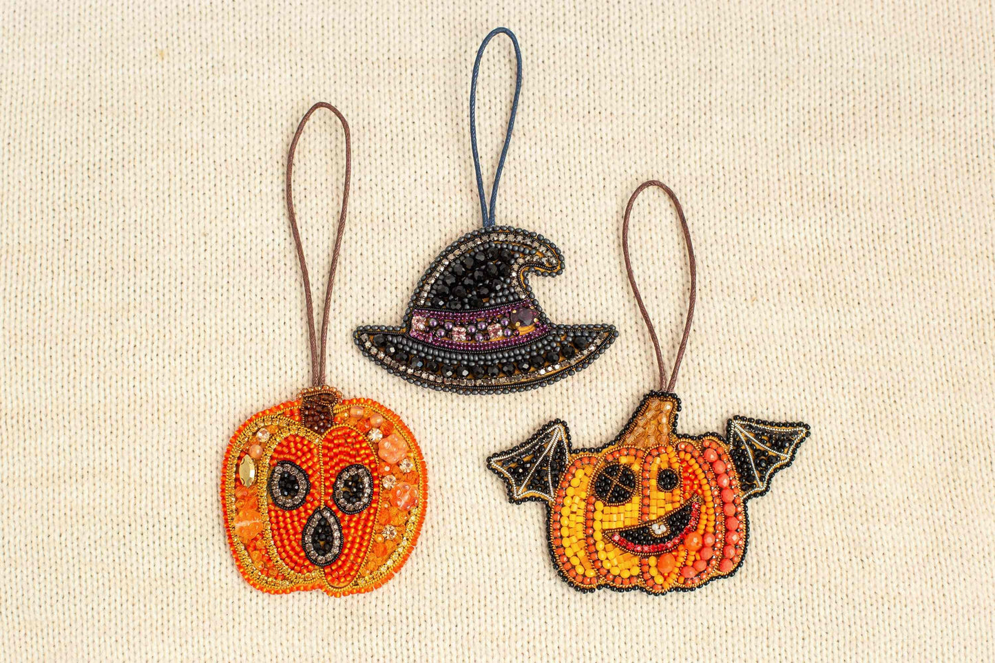 Set of 3 Halloween DIY Beaded Brooches Kits, Craft kits, Beaded Pumpkin Brooches, Jewelry Making Kits for Adults, Bead embroidery kits