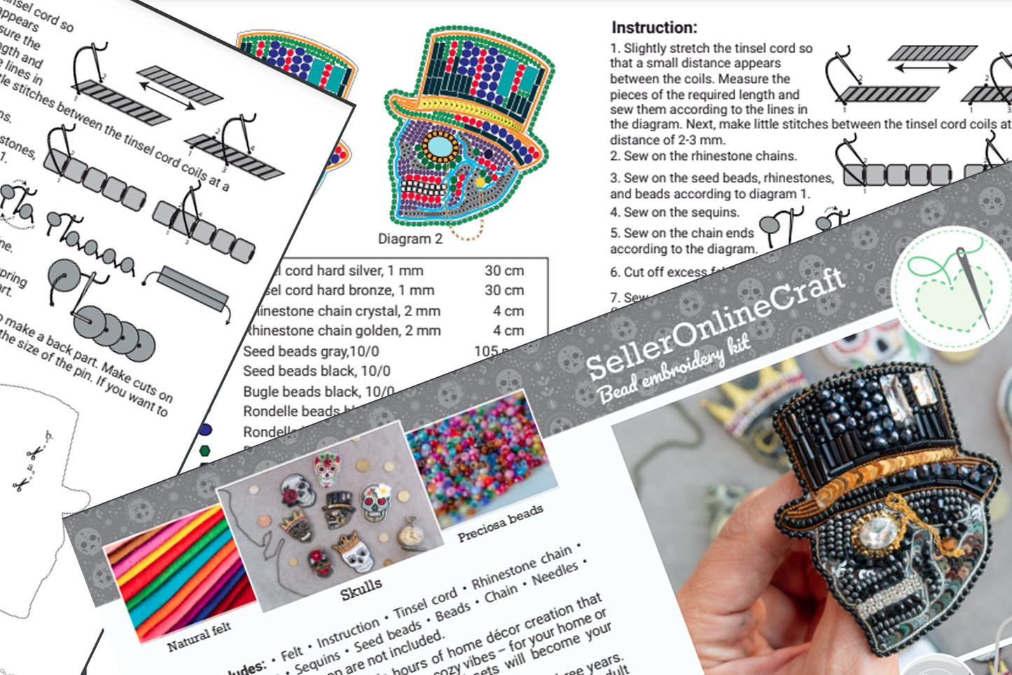 Skull Bead embroidery kit. Seed Bead Brooch kit. DIY Craft kit. Beading kit. Needlework beading. Handmade Jewelry Making Kit, Los Muertos