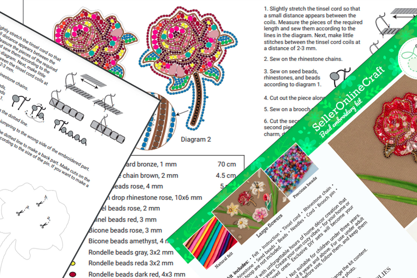 Rose Flower Bead embroidery kit. Seed Bead Brooch kit. DIY Craft kit. Beading kit. Needlework beading. Handmade Jewelry Making Kit