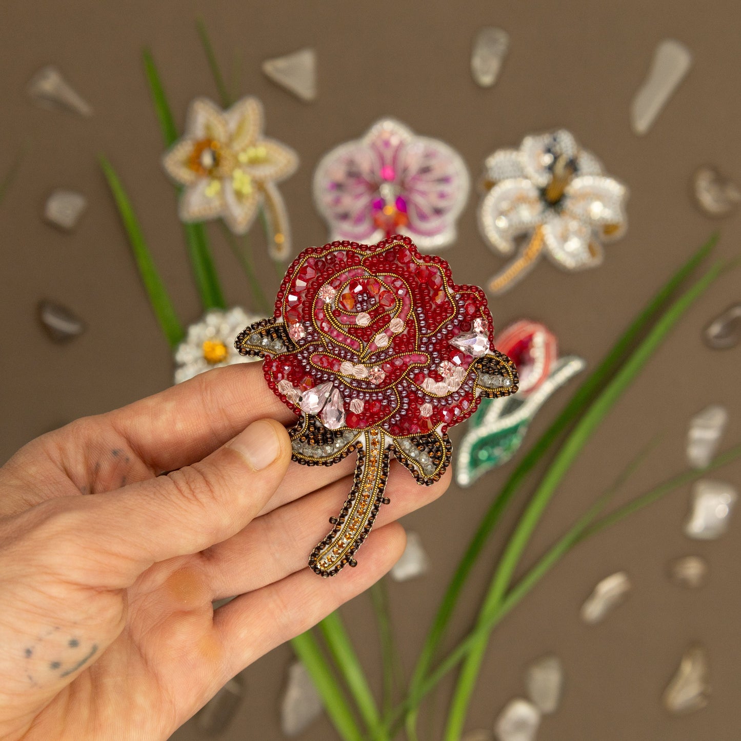 Rose Flower Bead embroidery kit. Seed Bead Brooch kit. DIY Craft kit. Beading kit. Needlework beading. Handmade Jewelry Making Kit