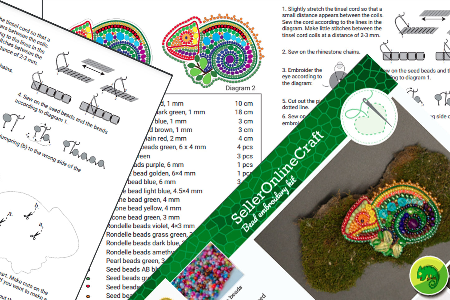 Chameleon Bead embroidery kit. Seed Bead Brooch kit. DIY Craft kit. Beading kit. Needlework beading. Handmade Jewelry Making Kit