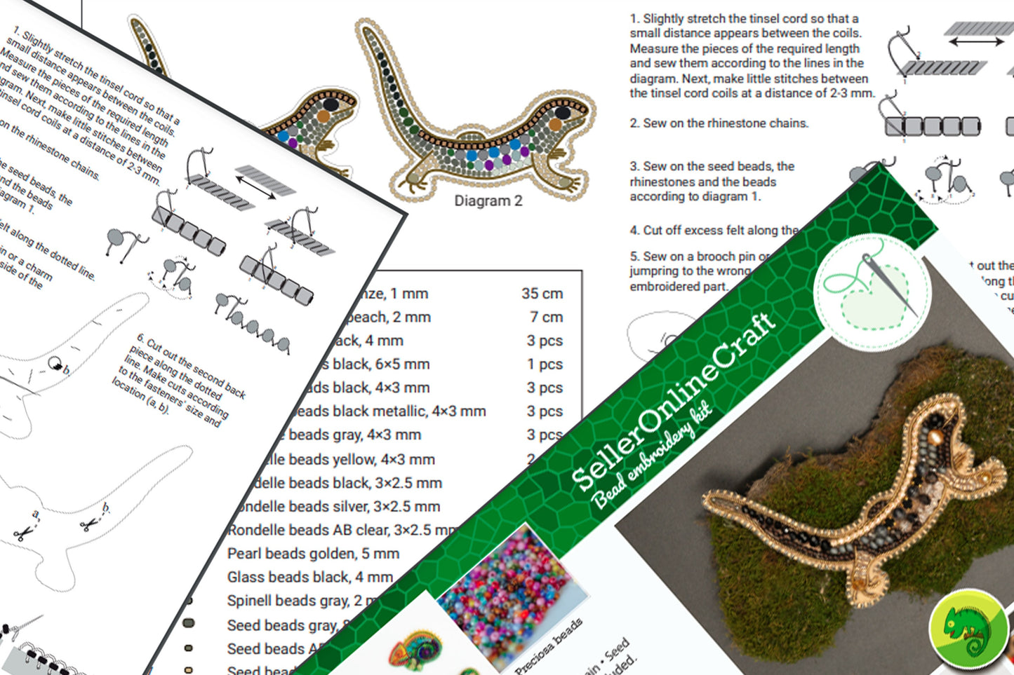 Gecko Bead embroidery kit. Seed Bead Brooch kit. DIY Craft kit. Beading kit. Needlework beading. Handmade Jewelry Making Kit