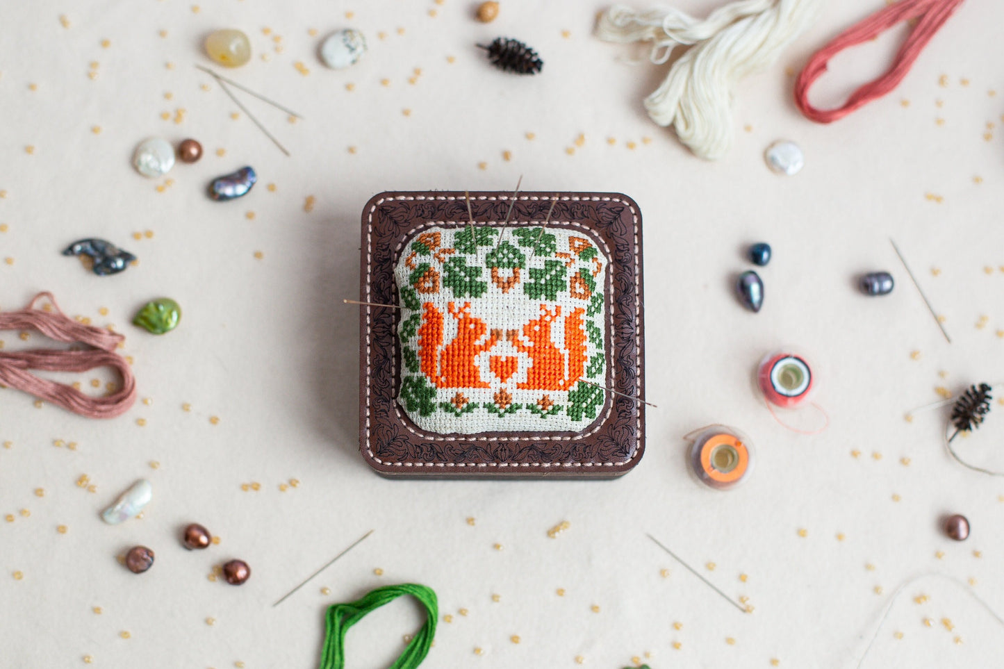 Wooden Pin Cushion Box - DIY Sewing Box Kit with Embroidery Storage Lid