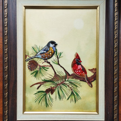 The image is a framed painting depicting two birds perched on a branch with pine needles and pine cones.