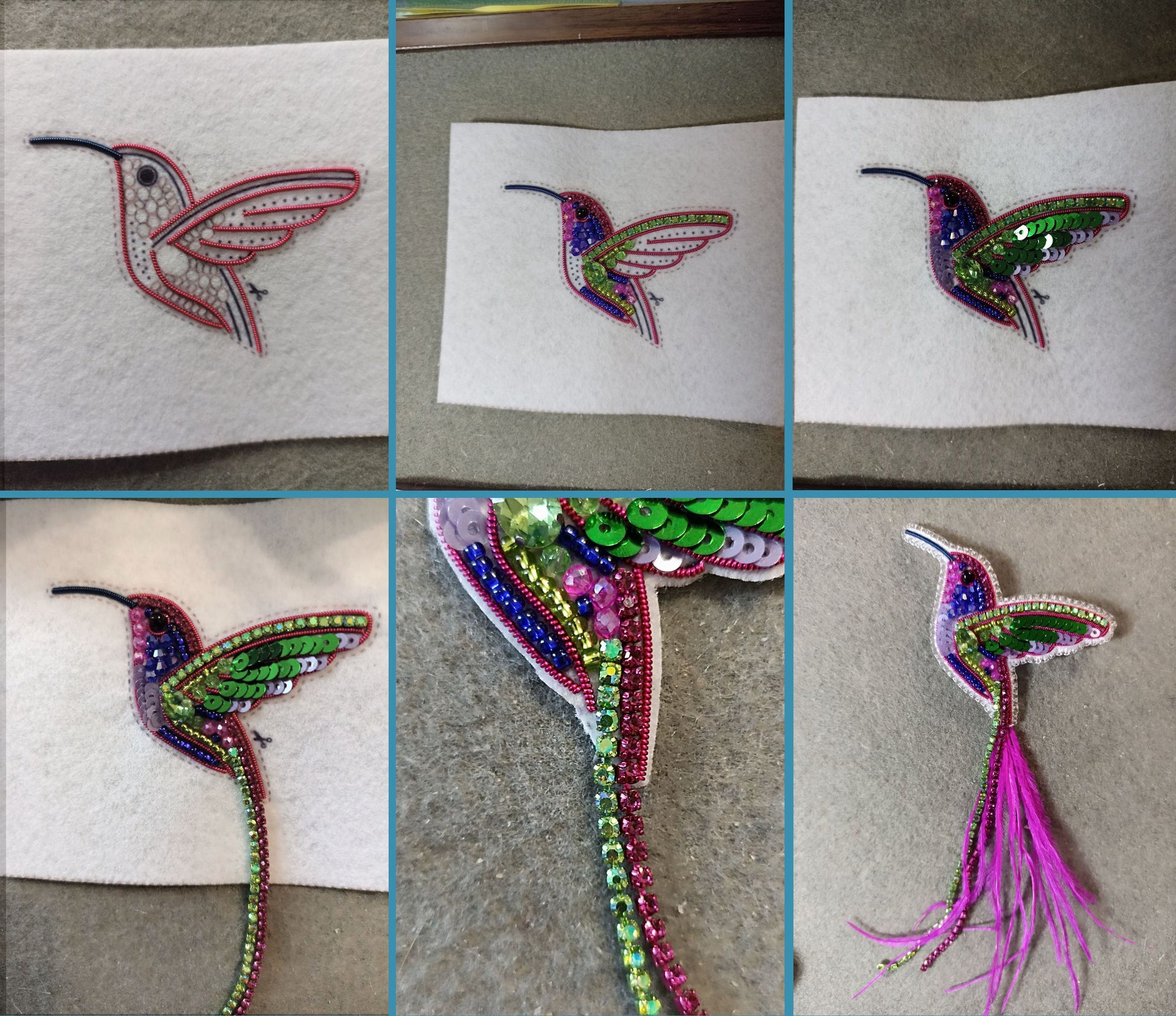 The image is a collage of six photos depicting various stages of a hummingbird embroidery project. The images show the initial design, the embroidery process, and the final completed hummingbird design.
