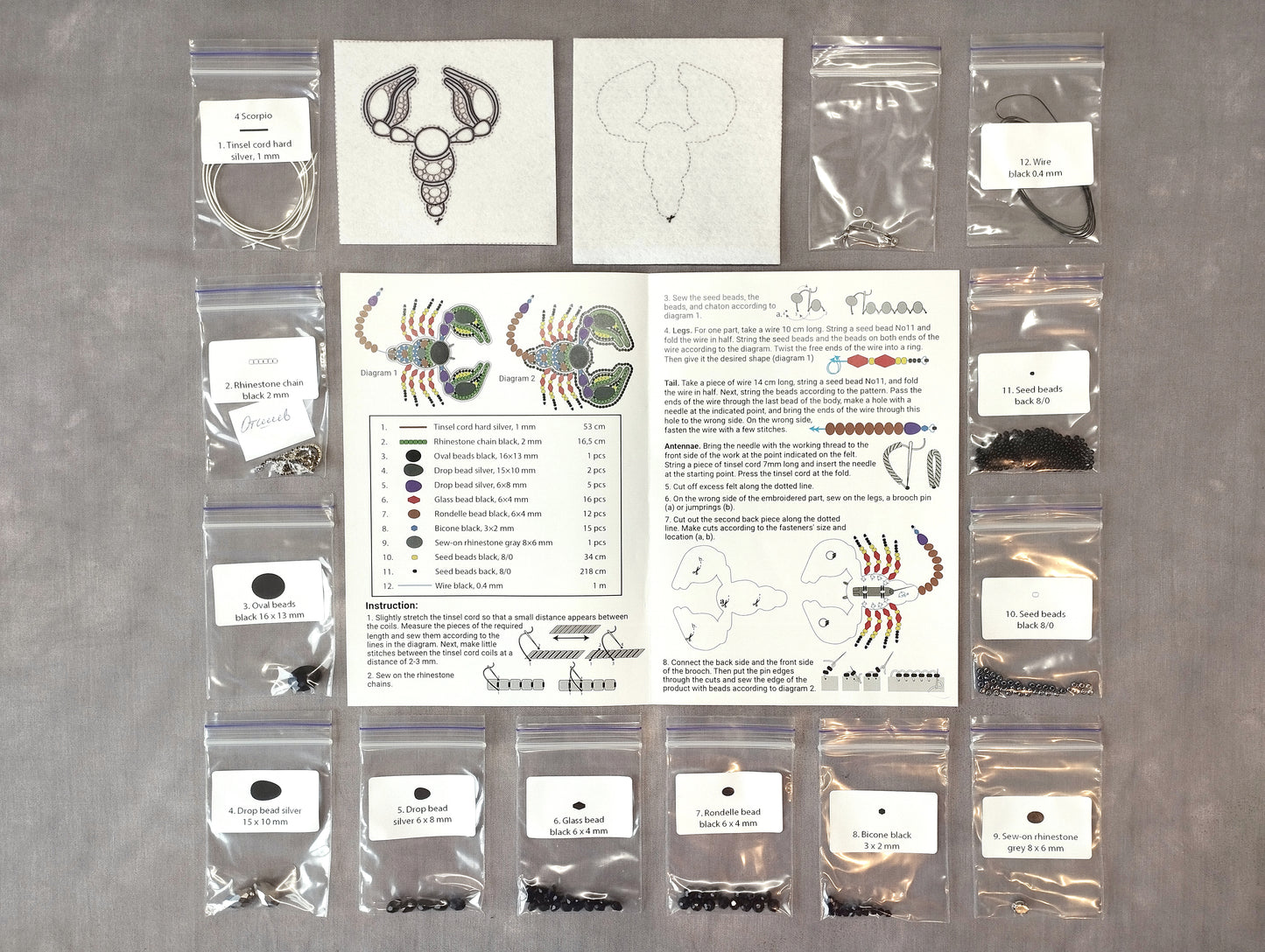 various beads, instructions, and materials for creating beaded jewelry, including a diagram of a scorpion design and a list of bead sizes and colors.